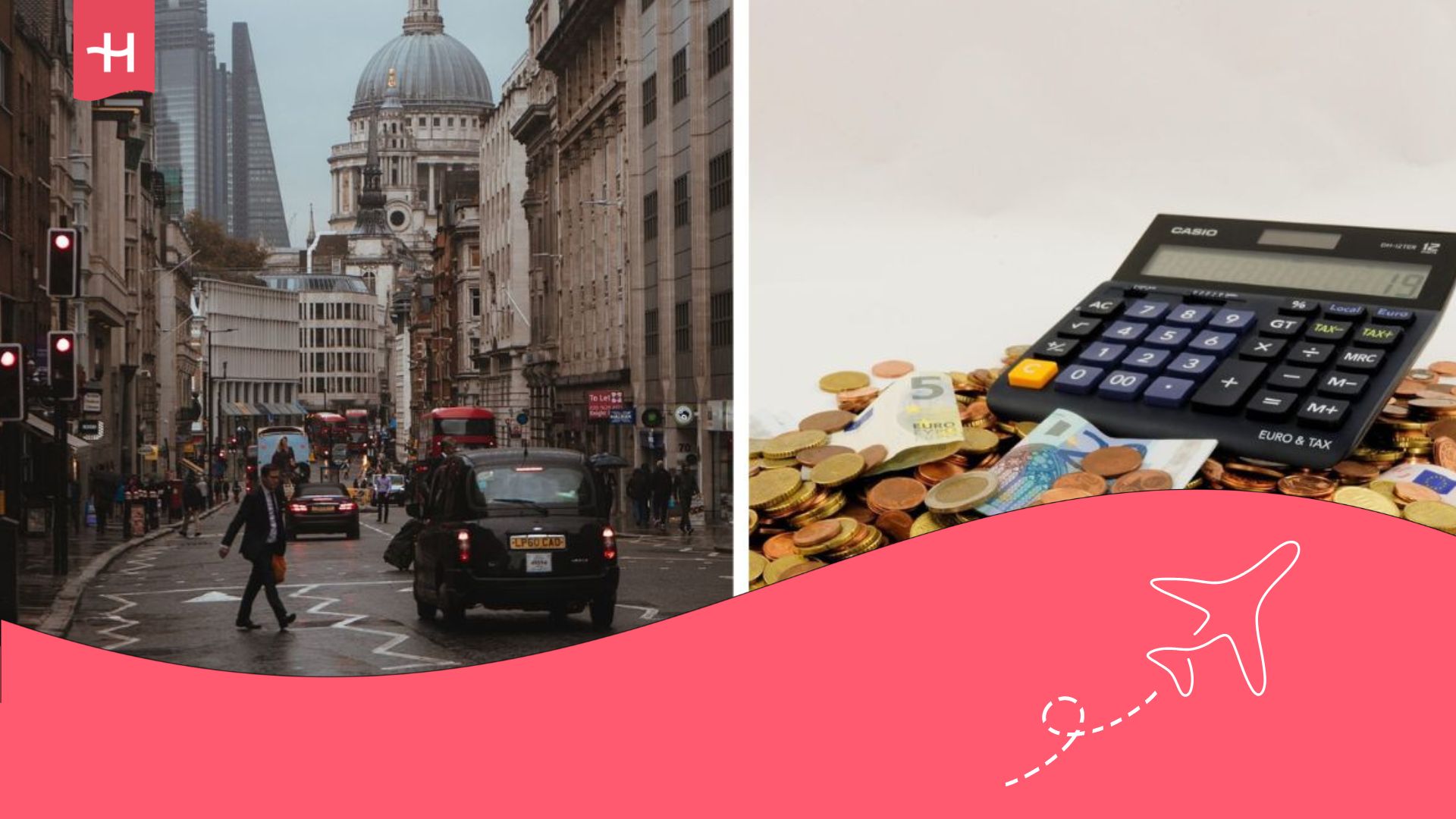 Straße in London mit einem Taschenrechner, Münzen und Geldscheinen