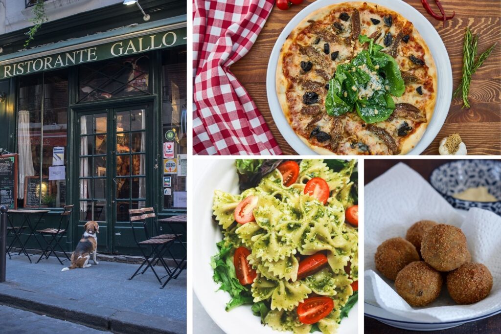 Pizza, pasta, Arancini und die Fassade eine italienischen Restaurants.