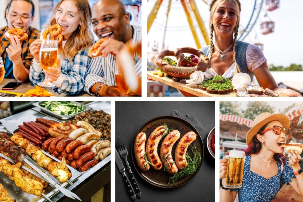 Verschiedene deutsche Gerichte und essende Menschen.