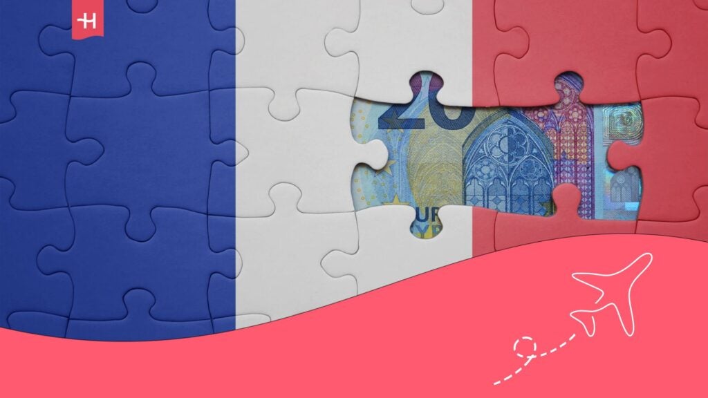 Französische Flagge in Puzzleform, in einem Puzzleteil ist ein 20-Euro-Schein zu sehen.