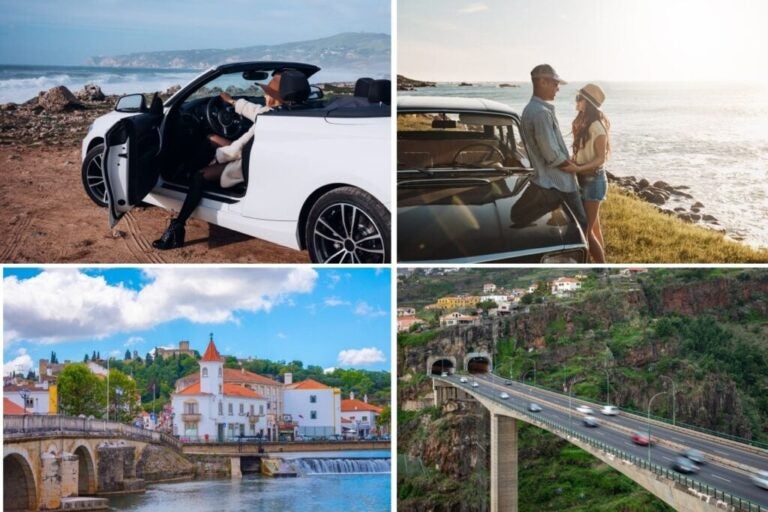 Bilder von Personen im Auto vor Landschaften in Portugal, Straßen und Dörfer des Landes