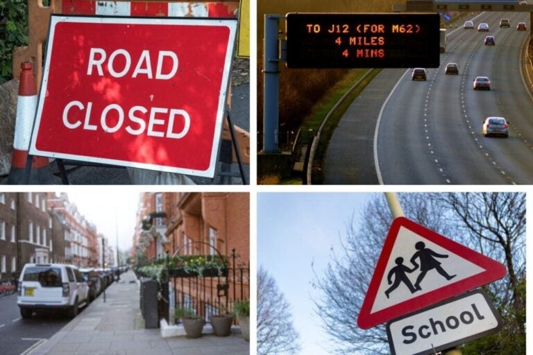 Straßen in England und Verkehrszeichen.