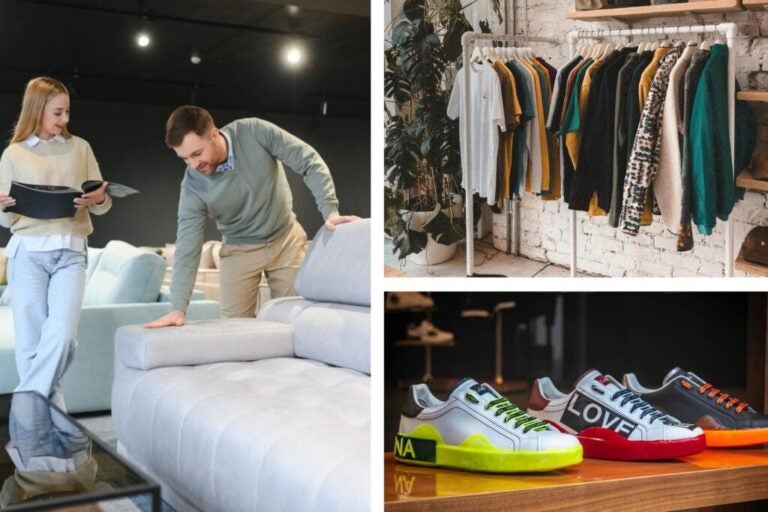 Ein Paar kauft ein Sofa, dazu Bekleidungs- und Sportschuhgeschäfte.