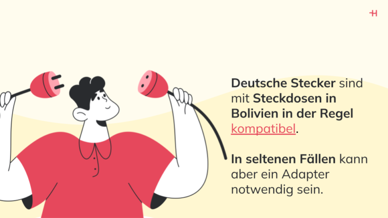 Bild eines gezeichneten Männchens, das zwei Stecker in den Händen hält, daneben Informationen zur Kompatibilität deutscher Stecker in Bolivien.