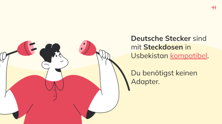 Bild eines gezeichneten Männchens, das zwei Stecker in den Händen hält, daneben Informationen zur Kompatibilität deutscher Stecker in Usbekistan.