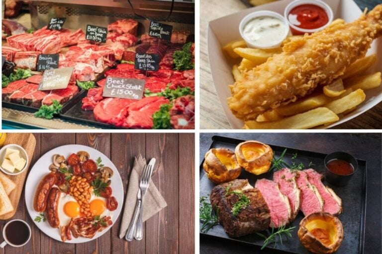 Englische Gerichte: Frühstück mit Eiern und Würstchen, Fish and Chips und Fleisch.