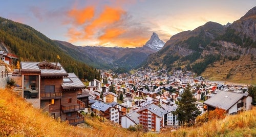Zermatt, Switzerland Alpine Village with the Matterhorn at dusk.