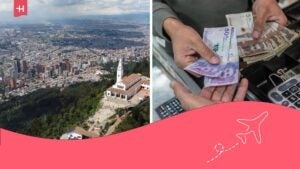Lebenshaltungskosten in Bogotá, Kolumbien. Auf dem Bild: kolumbianisches Geld und ein Panorama von Bogotá.