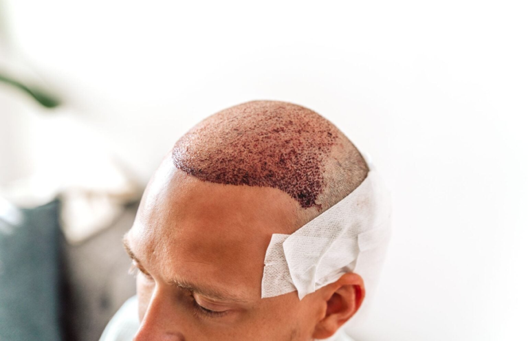 Kopf eines Mannes unmittelbar nach einer Haartransplantation