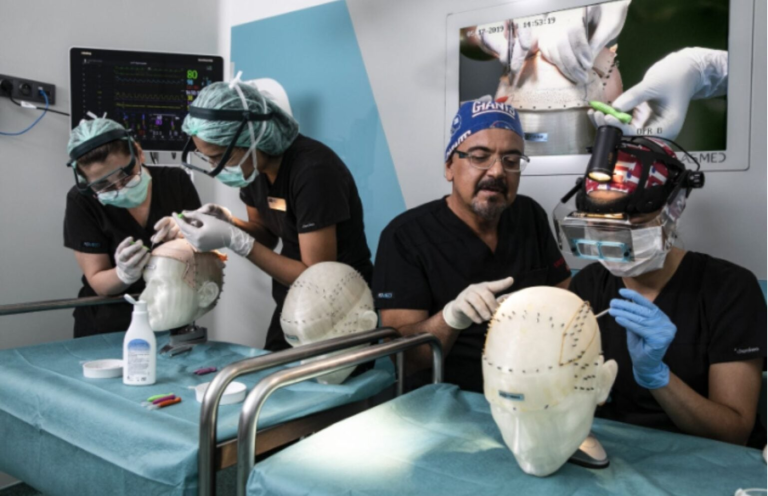 Medizinisches Personal übt die Haartransplantation an Übungsköpfen