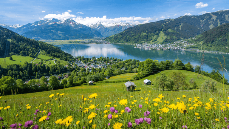 Idyllische Sommerlandschaft bei Zell am See mit einer Blumenwiese, schneebedeckten Bergen und einem tiefblauen See.