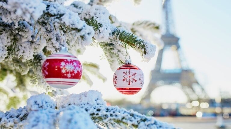 Festliche Christbaumkugeln an einem schneebedeckten Weihnachtsbaum mit dem Eiffelturm im Hintergrund.