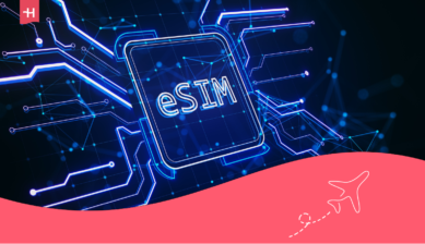 Das Wort eSIM vor einem futuristischen Hintergrund als Beitragsbild für einen Testbericht zu Monty eSIM Erfahrungen