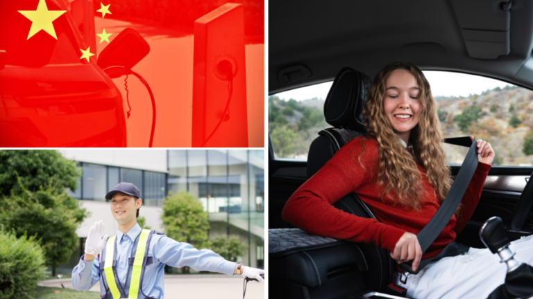 auf dem bild: eine tankstelle in china, ein verkehrspolizist und eine fahrerin, die den sicherheitsgurt anlegt und bereit ist, in china zu fahren.