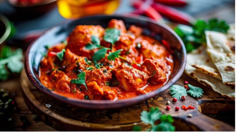 Eine dunkle Schale Chicken Tikka Masala, daneben gefaltetes Naan-Brot.