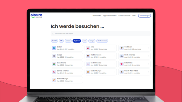Laptop zeigt die AloSIM-Länderauswahl für eSIM-Tarife.