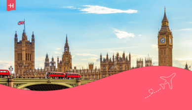 Blick auf den Big Ben in London; die Grafik illustriert Fakten über England.