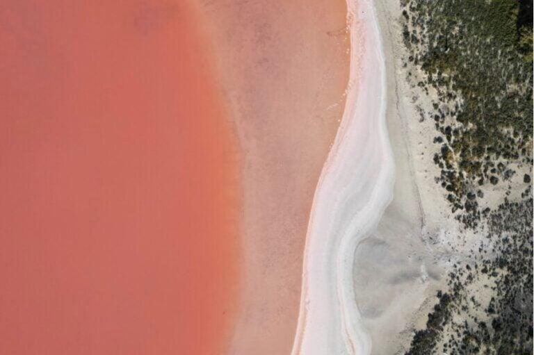 Luftaufnahme des Lake Hillier mit seinem markanten pinkfarbenen Wasser