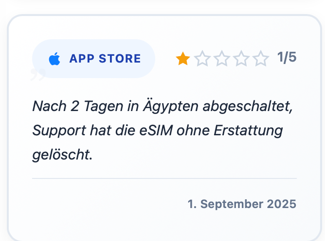 Negative Monty eSIM Erfahrungen im Google Play Store