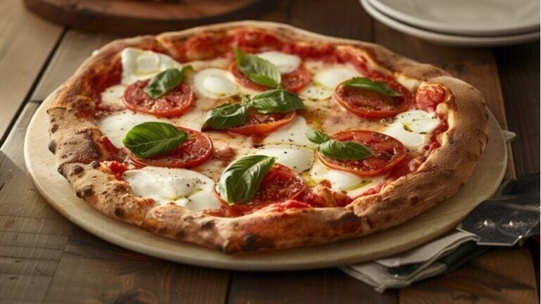 Eine frisch gebackene Pizza Margherita auf einem Holzbrett
