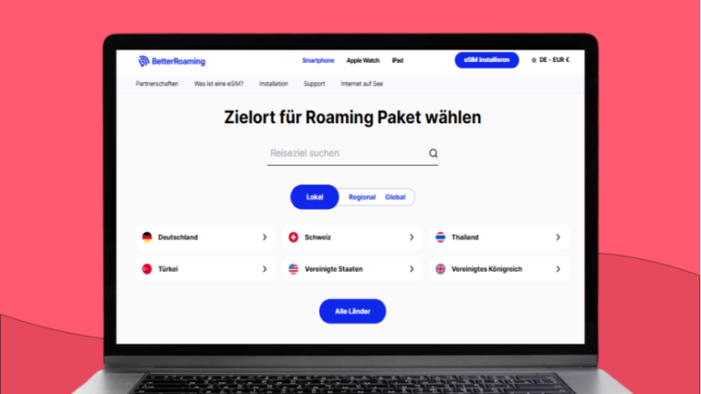 Ein Laptop zeigt die Webseite von Better Roaming zur Auswahl von eSIM-Ländertarifen. 