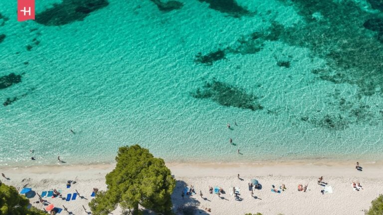 Luftaufnahme von Playa de Formentor in der Bucht von Cala Pi de la Posada auf Mallorca.