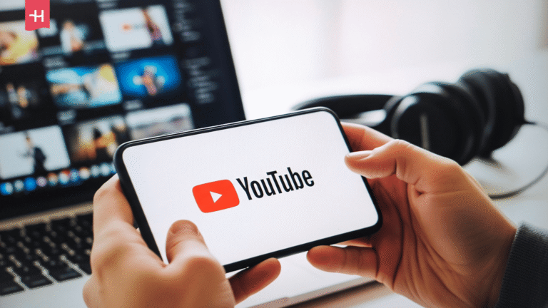 Eine Person hält ein Smartphone mit der geöffneten YouTube-App in den Händen.
