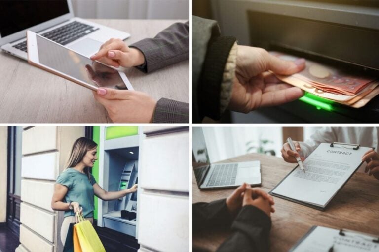 Menschen, die Geld an einem Geldautomaten abheben und einen Bankvertrag unterzeichnen