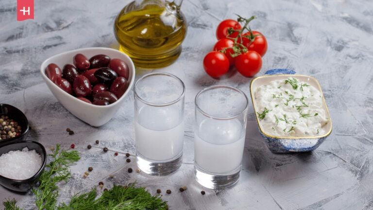 Zwei Gläser Ouzo serviert mit Tzatziki, Oliven und Tomaten.