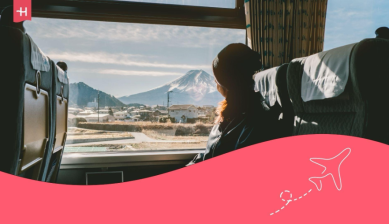 Blick aus dem Zugfenster auf den Mount Fuji