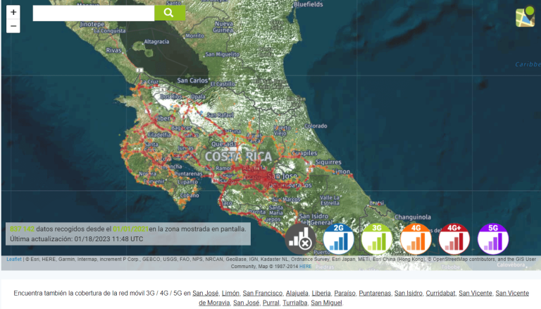 Mapa de cobertura red móvil Claro Costa Rica