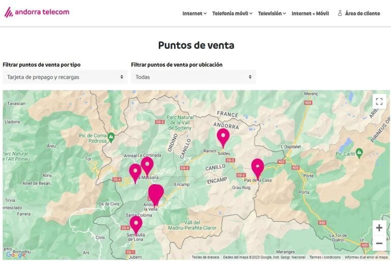 Mapa con los puntos de venta de Tarjeta SIM Telecom