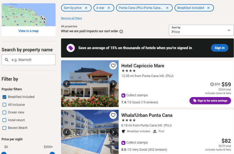 Ejemplo búsqueda reserva hotelera a menor precio en Punta Cana