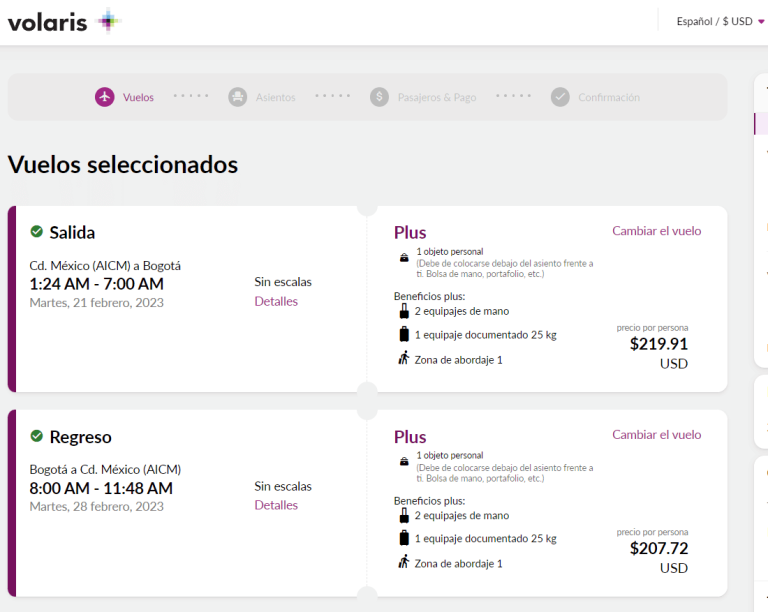 Ejemplo de vuelos low cost con Aerolíneas mexicanas con sede en Colombia