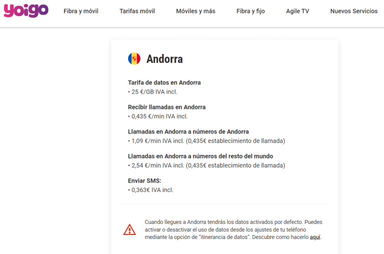 Tarifas del roaming en Andorra con Yoigo
