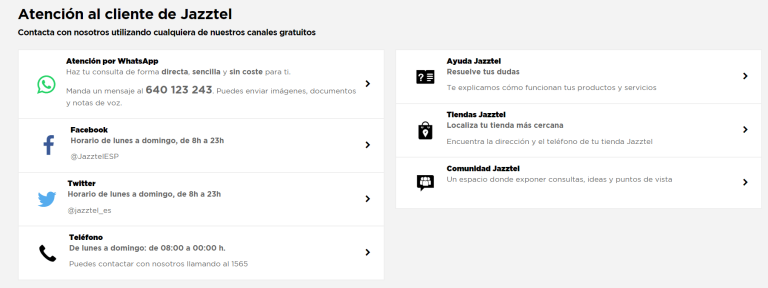 Canales gratuitos de atención al cliente Jazztel