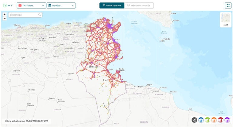 Mapa de cobertura móvil de Ooredoo en Túnez