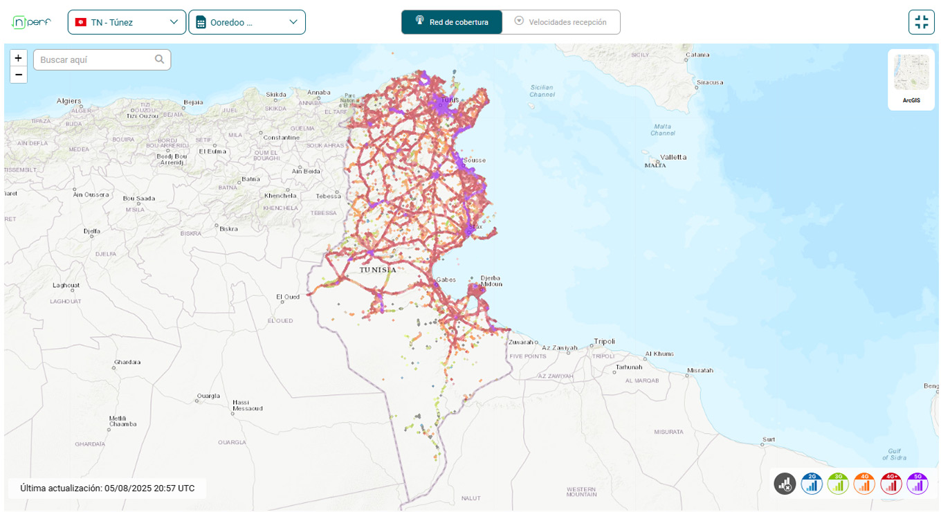 Mapa de cobertura móvil de Ooredoo en Túnez