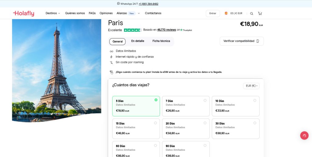 Tarjeta eSIM para Paris en la tienda de Holafly