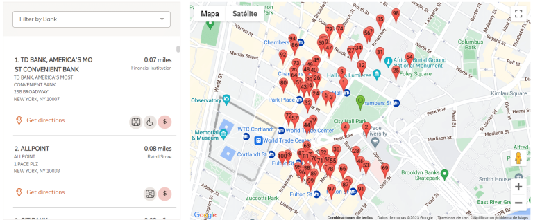 Ejemplo de búsqueda de cajeros ATM en N.Y., con el localizador web de Mastercard