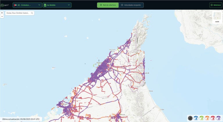 Cobertura de red móvil de Du en Dubái, con detalle en zonas céntricas y limitaciones en áreas periféricas.