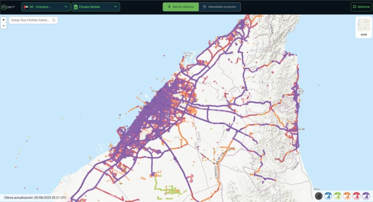 Cobertura móvil de Etisalat en Dubái y otras zonas de Emiratos Árabes, incluyendo áreas urbanas y rurales.