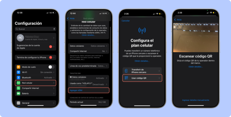 Transferir eSIM de un iPhone a otro mediante código QR.