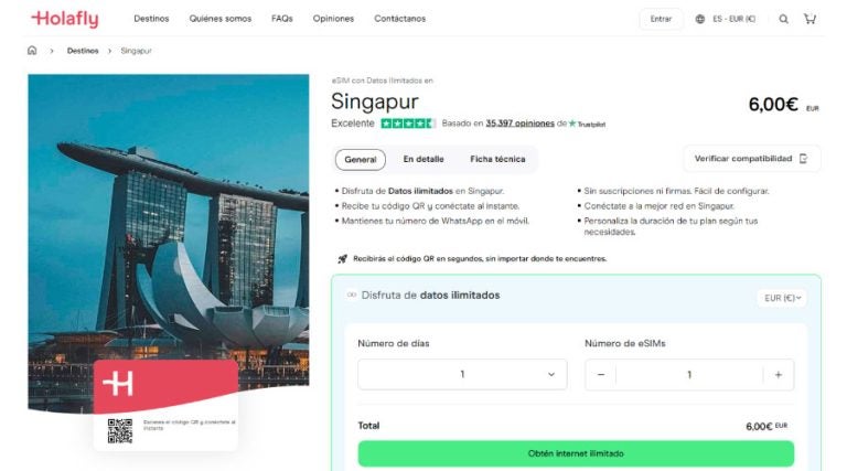 Viaja con los planes eSIM de Holafly para Singapur