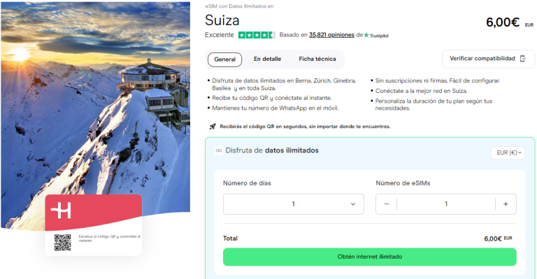 eSIM de Holafly con datos ilimitados para Suiza