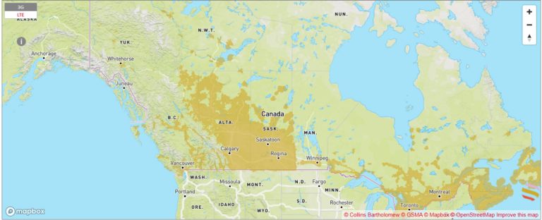 Mapa de cobertura red móvil de Telus en Canadá 