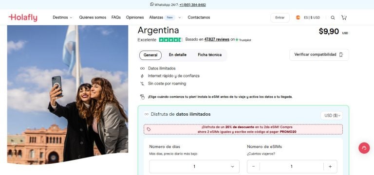 eSIM para Argetina en la tienda virtual de Holafly