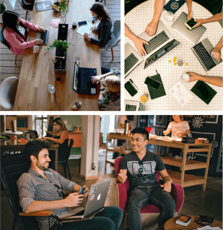 Varias personas teletrabajando con el ordenador en un espacio de coworking.