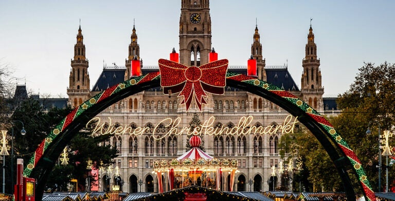 Mercado Wiener Christkindmarkt frente al ayuntamiento de Viena