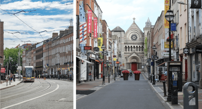 Calles y edificios de un barrio en Irlanda.